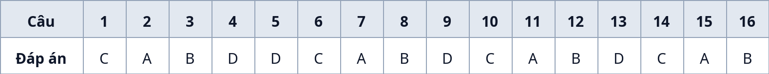 Bảng đáp án nhanh Phần I (Câu 1–16)