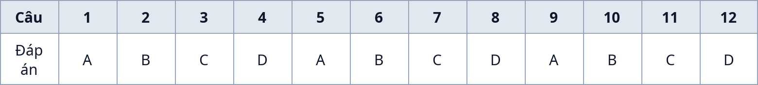 Bảng đáp án nhanh Phần I (Câu 1–12)