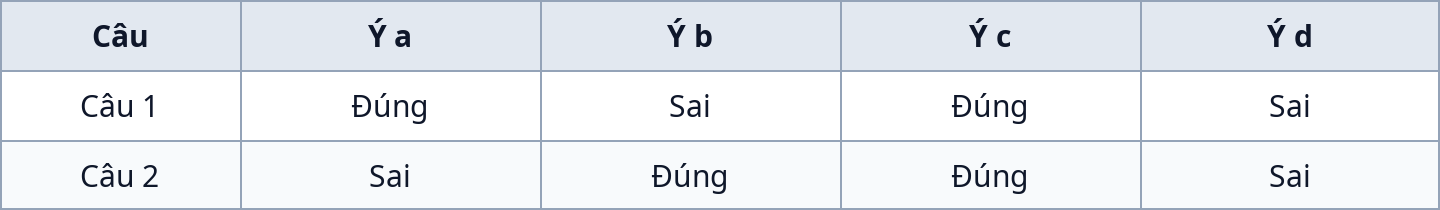 Bảng đáp án Phần II đúng sai đề Sinh học 11