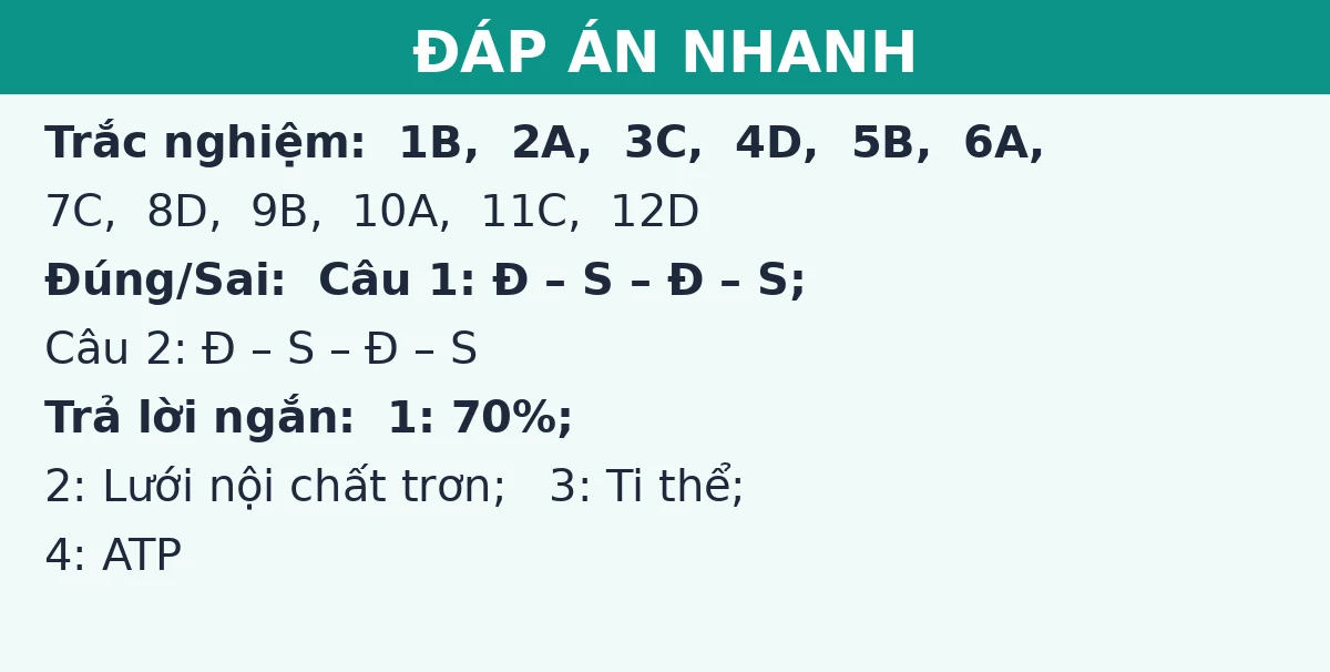 Đáp án nhanh đề thi giữa kì 1 Sinh học 10 (Đề số 3): trắc nghiệm, đúng sai và trả lời ngắn