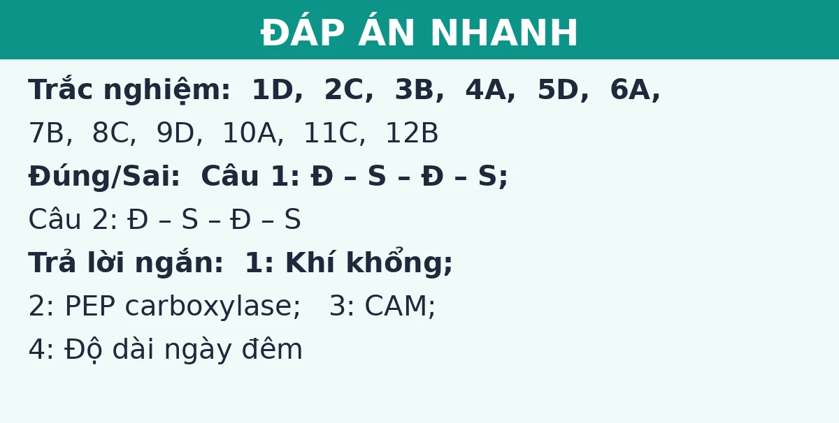 Đáp án nhanh đề thi giữa kì 1 Sinh học 11 (Đề số 3): trắc nghiệm, đúng sai và trả lời ngắn