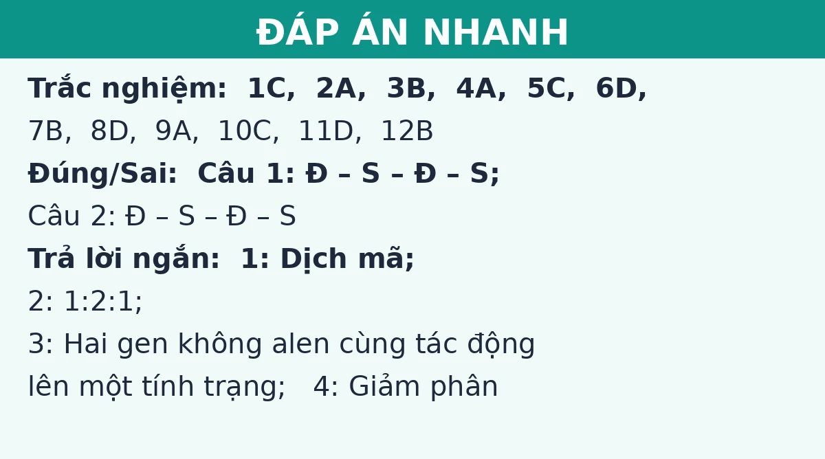 Đáp án nhanh đề thi giữa kì 1 Sinh học 12 (Đề số 3): trắc nghiệm, đúng sai và trả lời ngắn