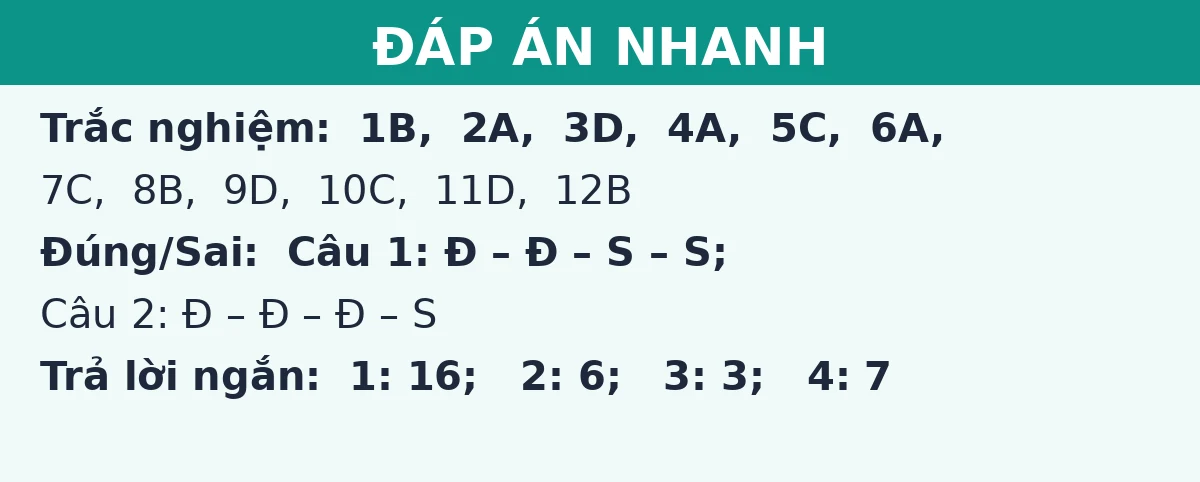 Đáp án nhanh đề thi giữa kì 1 Toán 10: trắc nghiệm, đúng sai và trả lời ngắn