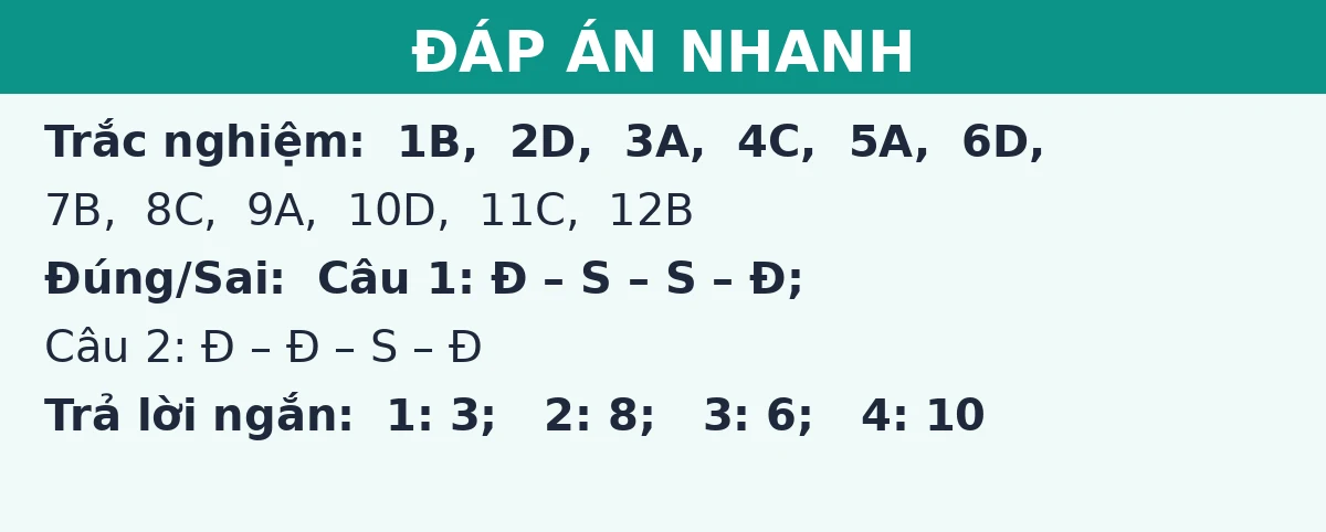 Đáp án nhanh đề thi giữa kì 1 Toán 9: trắc nghiệm, đúng sai và trả lời ngắn