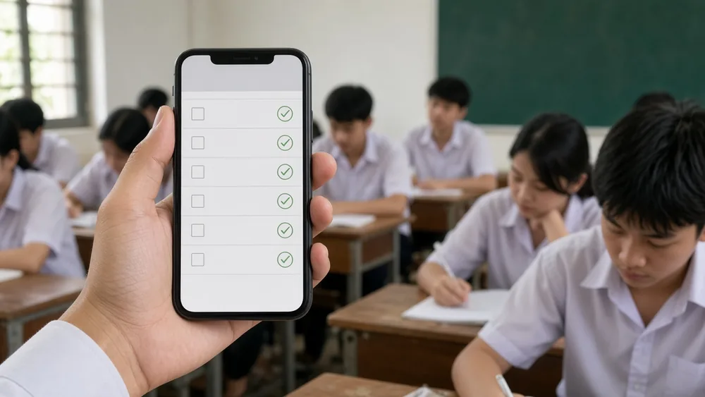 Giáo viên điểm danh học sinh bằng điện thoại trong giờ học