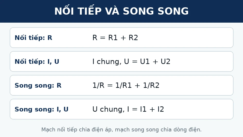 Bảng công thức mạch nối tiếp và song song: điện trở tương đương, cường độ dòng điện, hiệu điện thế