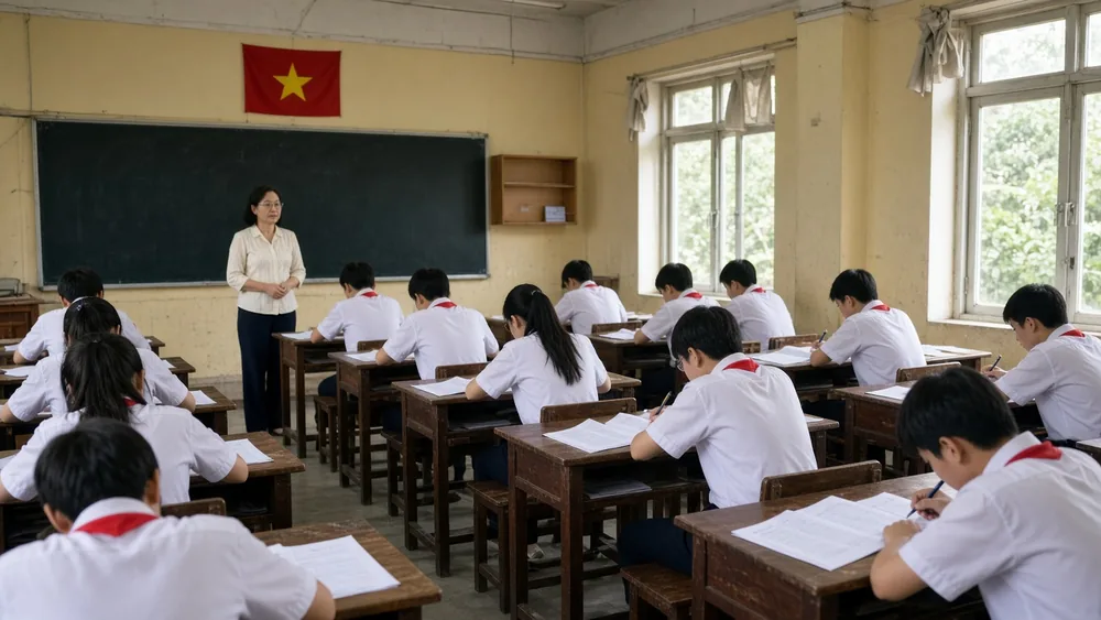Học sinh lớp 9 làm bài kiểm tra giữa kì 1 môn Toán trong lớp học