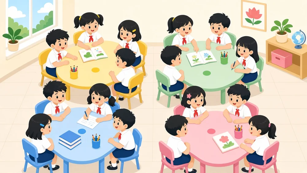 Học sinh ngồi làm việc theo bốn tổ trong lớp, mỗi tổ một bàn màu khác nhau