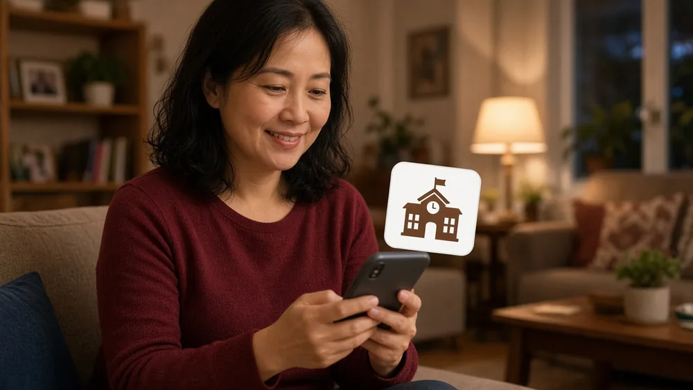 Phụ huynh nhận thông báo của lớp học trên điện thoại tại nhà